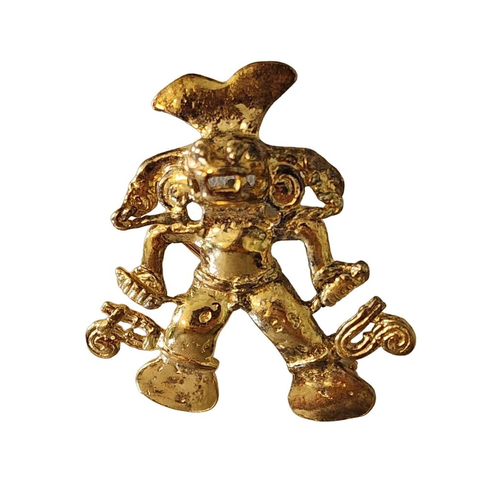 Vintage Aztec Mayan Gold Plated 925 Silver Figure Brooch
